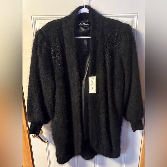 Lee Sands Black Rabbit Angora Blend Beaded Cardigan Jacket NWT 80s/90s Korea